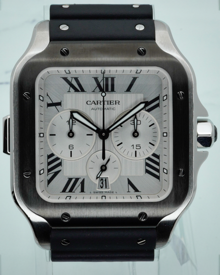 2024 Cartier Santos De Cartier Chronograph 43.3MM Silver Dial Rubber Strap (WSSA0017)