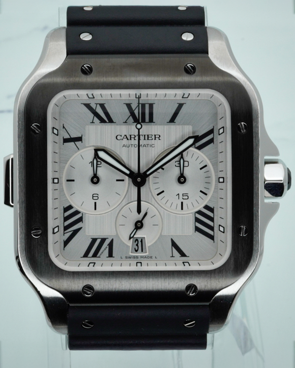 2024 Cartier Santos De Cartier Chronograph 43.3MM Silver Dial Rubber Strap (WSSA0017)