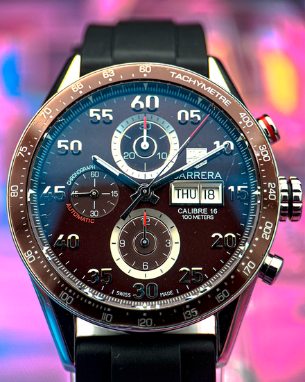 No Reserve - Tag Heuer Carrera Calibre 16 43MM Brown Dial Aftermarket Rubber Strap (CV2A12)