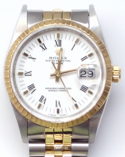 Rolex Oyster Perpetual Date 34MM White "Buckley" Dial Two-Tone Jubilee Bracelet (15223)