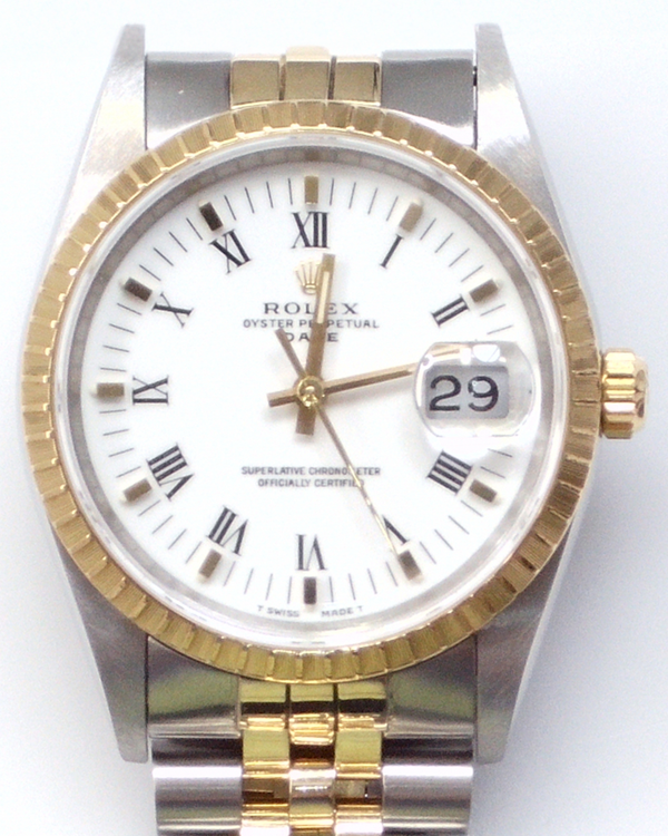 Rolex Oyster Perpetual Date 34MM White "Buckley" Dial Two-Tone Jubilee Bracelet (15223)