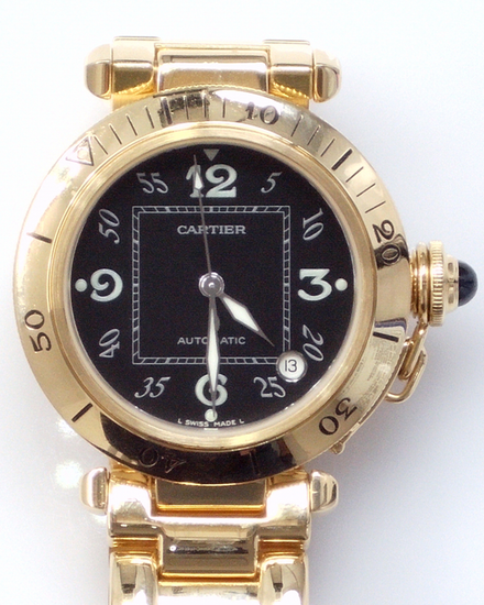 Cartier Pasha De Cartier 35MM Black Dial Yellow Gold Bracelet (10351)