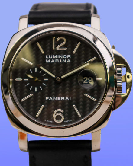 2004 Panerai Luminor Marina L.E. 44MM Carbon Fiber Dial Aftermarket Leather Strap (PAM00180)