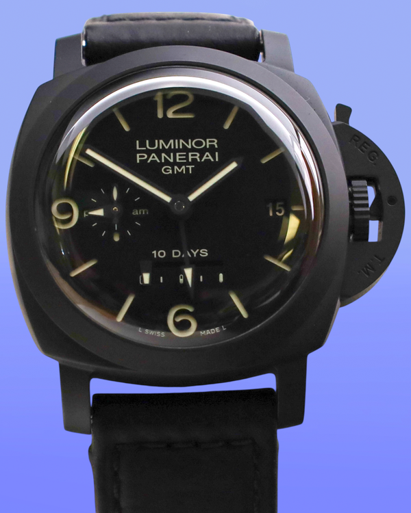 2012 Panerai Luminor 1950 10 Days GMT 44MM Black Dial Leather Strap (PAM00335)