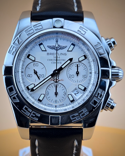 Breitling Chronomat 41MM Silver Dial Leather Strap (AB0140)