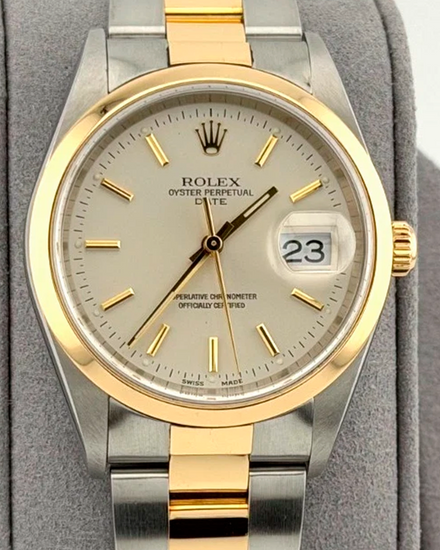 2002 Rolex Oyster Perpetual Date 34MM Silver Dial Two-Tone Oyster Bracelet (15203)