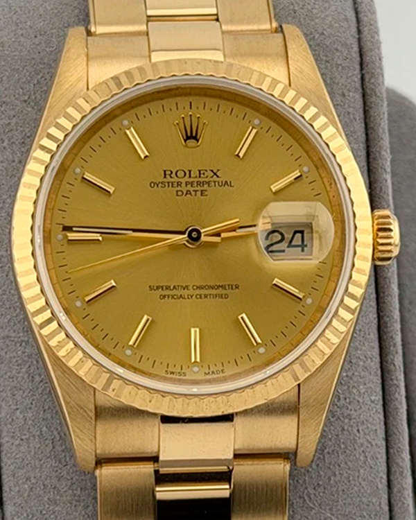 2002 Rolex Oyster Perpetual Date 34MM Champagne Dial Yellow Gold Oyster Bracelet (15238)
