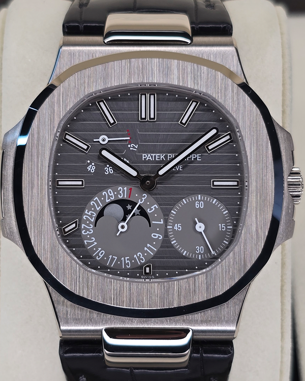 2015 Patek Philippe Nautilus Moonphase 40MM Grey Dial Leather Strap (5712G-001)