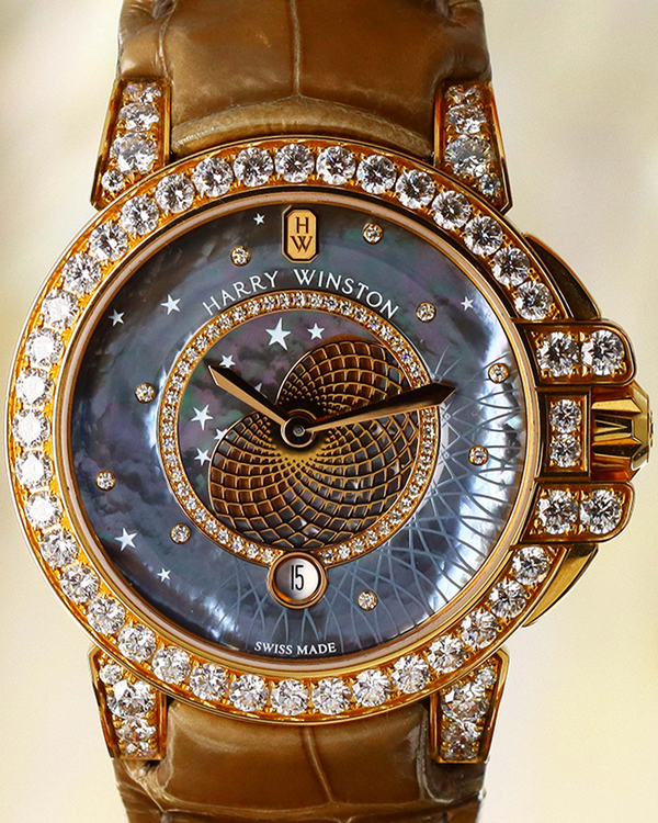 Harry Winston Ocean Moon Phase 36MM Quartz Mother Of Pearl Dial Leather Strap (OCEQMP36RR029)