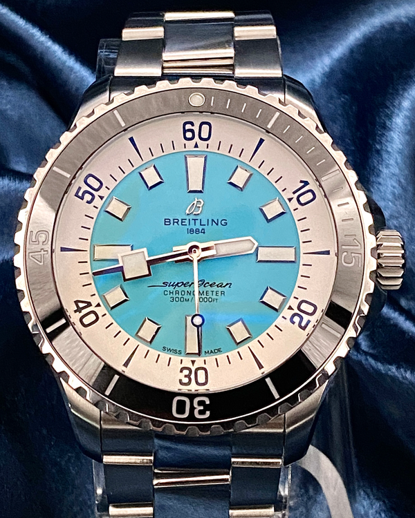 2022 Breitling Superocean 44MM Turquoise Dial Steel Bracelet (A17376)