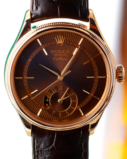 Rolex Cellini Dual Time 39MM Brown Dial Leather Strap (50525)