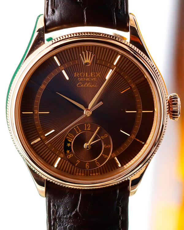 Rolex Cellini Dual Time 39MM Brown Dial Leather Strap (50525)