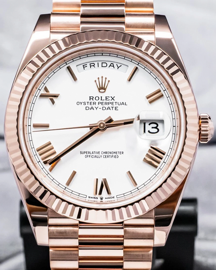 2023 Rolex Day-Date 40MM White Dial Rose Gold President Bracelet (228235)