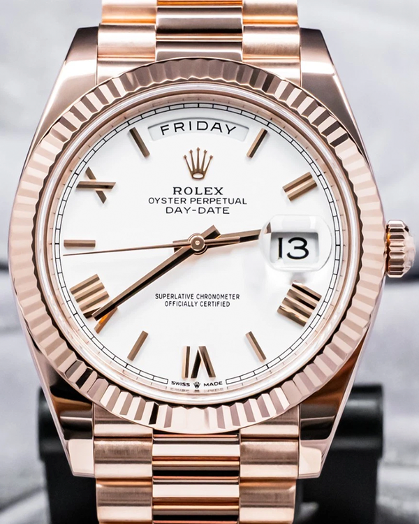 2023 Rolex Day-Date 40MM White Dial Rose Gold President Bracelet (228235)