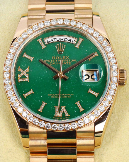 Rolex Day-Date 36MM Green "Aventurine" Dial Rose Gold President Bracelet (128395TBR)