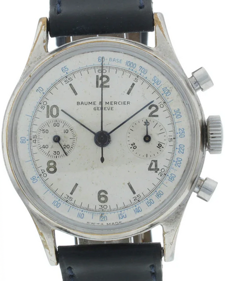 Baume & Mercier Capeland Valjoux Vintage Chronograph 35MM White "Patina" Dial Aftermarket Leather Strap (505623)