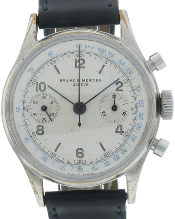 Baume & Mercier Capeland Valjoux Vintage Chronograph 35MM White "Patina" Dial Aftermarket Leather Strap (505623)