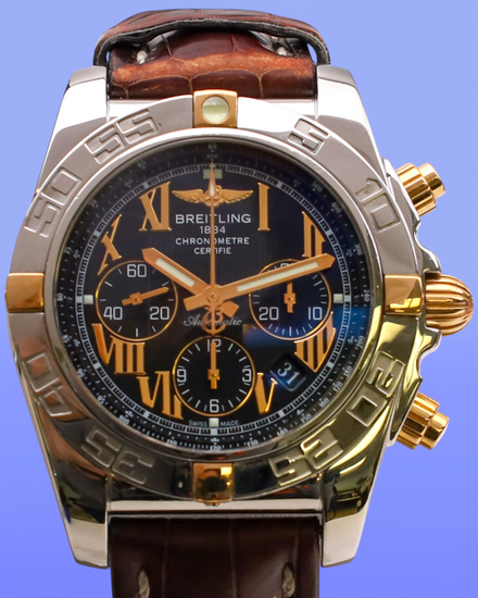 No Reserve - Breitling Chronomat Chronograph 44MM Black Dial Leather Strap (IB0110)