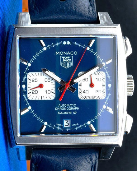 2018 Tag Heuer Monaco Chronograph Calibre 12 39MM Blue Dial Leather Strap (CAW2111-1)