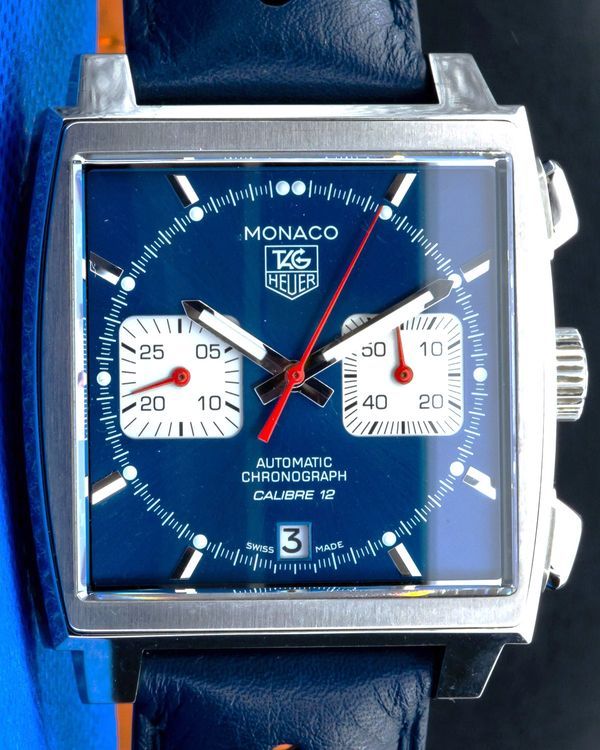 2018 Tag Heuer Monaco Chronograph Calibre 12 39MM Blue Dial Leather Strap (CAW2111-1)