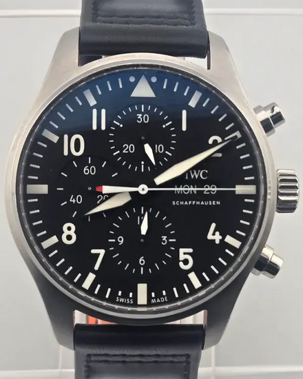 2020 IWC Schaffhausen Pilot Chronograph 43MM Black Dial Leather Strap (IW377709)