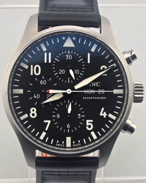 2020 IWC Schaffhausen Pilot Chronograph 43MM Black Dial Leather Strap (IW377709)