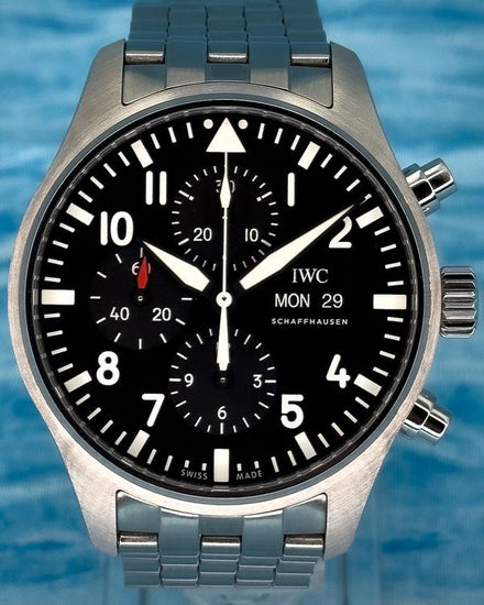 No Reserve - 2017  IWC Schaffhausen Pilot Chronograph 43MM Black Dial Steel Bracelet (IW377710)