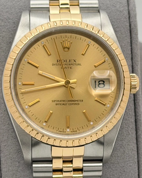 1990 (E Serial) Rolex Oyster Perpetual Date 34MM Champagne Dial Two-Tone Jubilee Bracelet (15223)