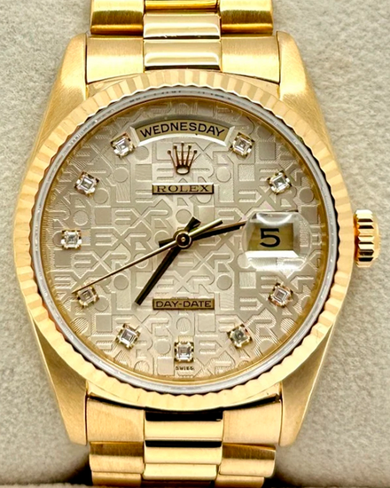 1990 (E Serial) Rolex Day-Date 36MM Silver "Jubilee Motif" Dial Yellow Gold President Bracelet (18238)