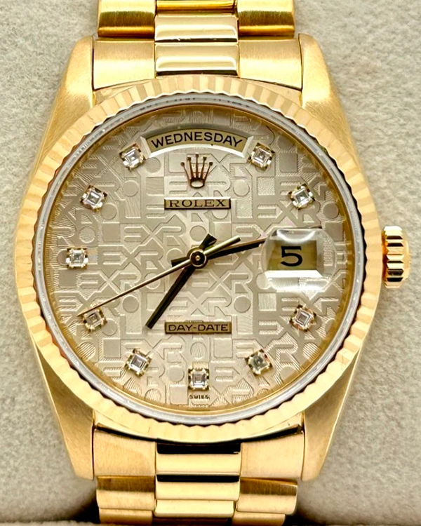 1990 (E Serial) Rolex Day-Date 36MM Silver "Jubilee Motif" Dial Yellow Gold President Bracelet (18238)