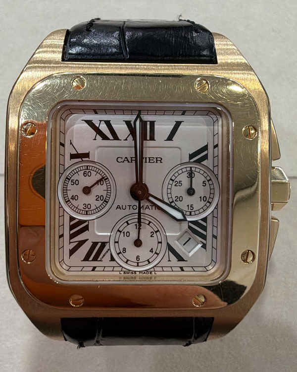 Cartier Santos 100 De Cartier 41MM Silver Dial Leather Strap (W20096Y1)