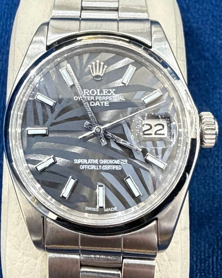 Rolex Oyster Perpetual Date 34MM Aftermarket Silver "Palm Motif" Dial Oyster Bracelet (1500)