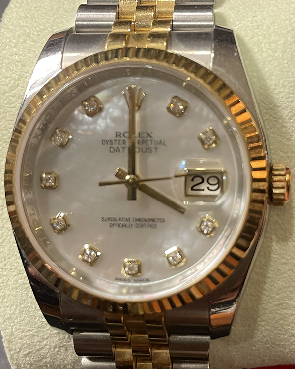 2014 Rolex Datejust 36MM White "Mother of Pearl" Two-Tone Super Jubilee Bracelet (116233)