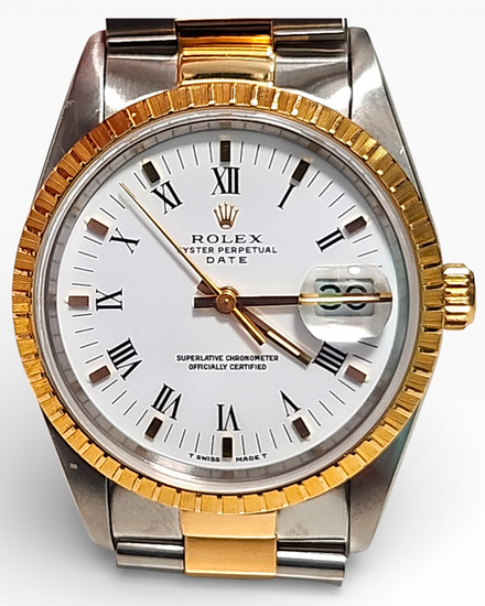 1997 Rolex Oyster Perpetual Date 34MM White "Buckley" Dial Two-Tone Oyster Bracelet (15223)
