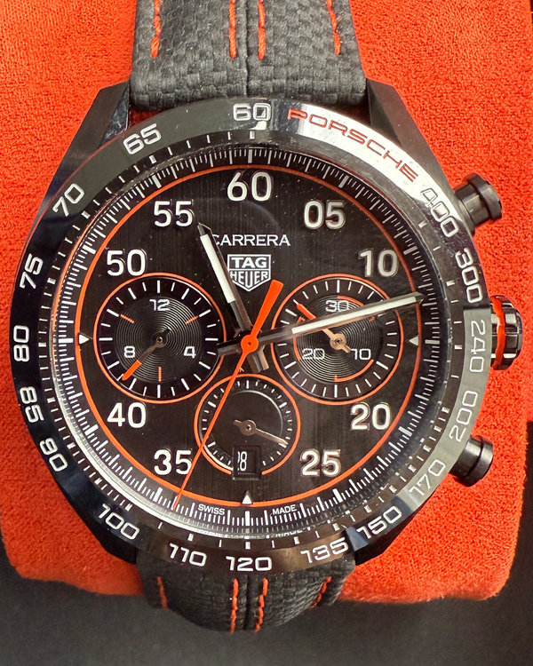 Tag Heuer Carrera Chronograph X Porsche Orange Racing S. E. 44MM Black Dial Textile Strap (CBN2A1M.FC6526)