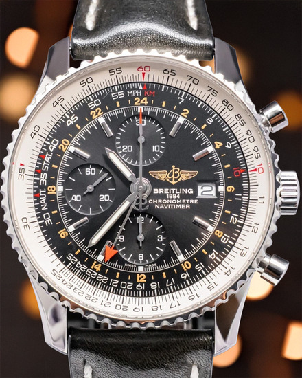 2017 Breitling Navitimer World GMT 46MM Black Dial Leather Strap (A2432212/B726)