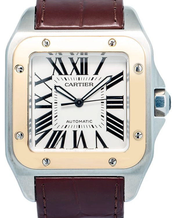 Cartier Santos 100 Large 38MM Silver Dial Leather Strap (W20077X7)