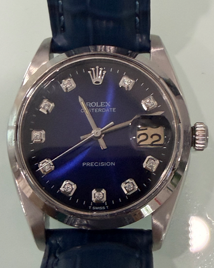 Rolex Oyster Precision Date 34MM Aftermarket Blue Dial Aftermarket Leather Strap (6694)