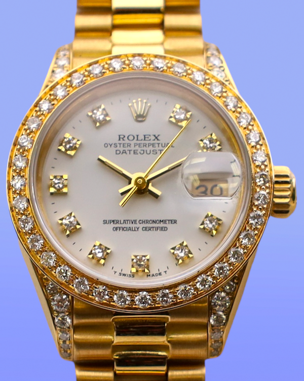 Rolex Lady-Datejust 26MM Aftermarket White Dial Yellow Gold President Bracelet (69178)