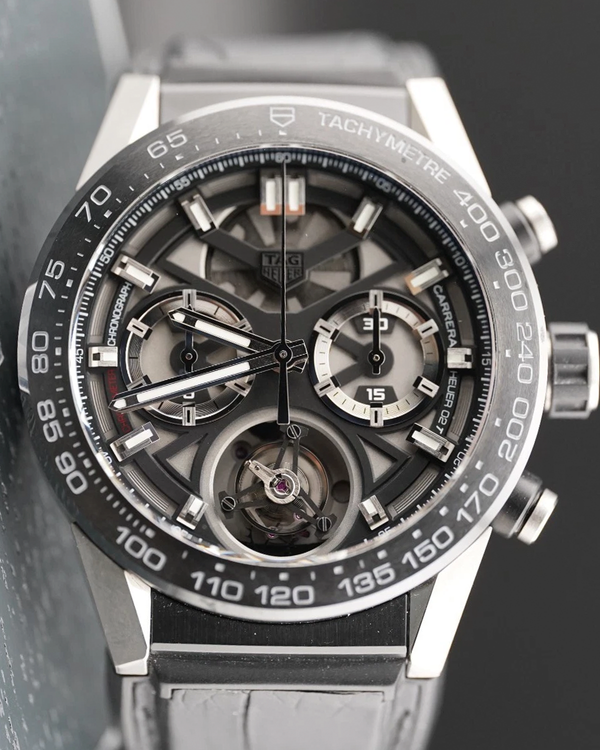 2018 Tag Heuer Carrera Heuer-02T Tourbillion 45MM Skeleton Dial Leather Strap (CAR5A8Y.FC6377)