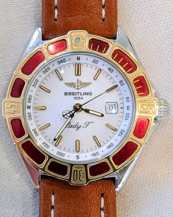 Breitling J-Class Lady 18k Gold 31MM Quartz White Dial Leather Strap (D52065)