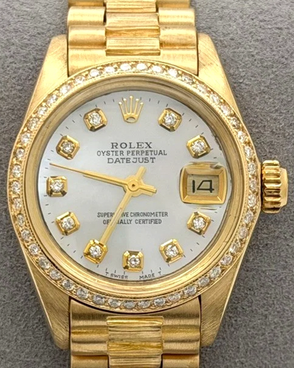 1978 (5.2 Mil. Serial) Rolex Lady-Datejust 26MM Aftermarket Mother of Pearl Dial Yellow Gold "Bark" President Bracelet (6917)