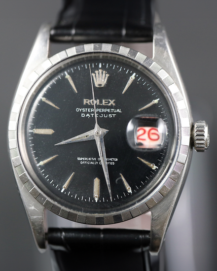 1956 (133K Serial) Rolex Datejust Red Date 36MM Black Dial Leather Strap (6605)