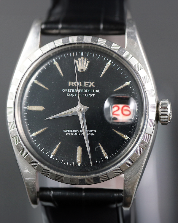 1956 (133K Serial) Rolex Datejust Red Date 36MM Black Dial Leather Strap (6605)