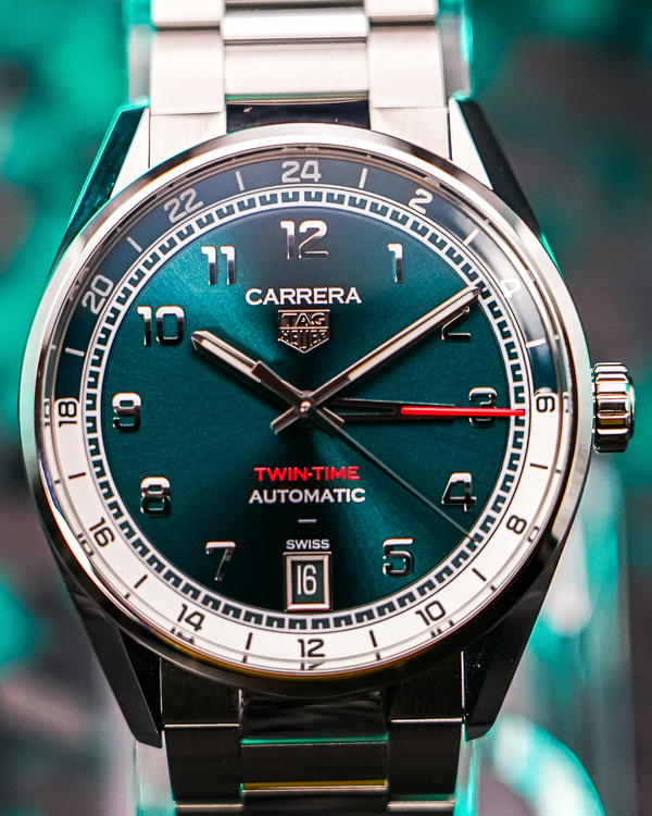No Reserve - 2025 Tag Heuer Carrera Date Twin-Time 41MM Green Dial Steel Bracelet (WDA2114.BA0043)