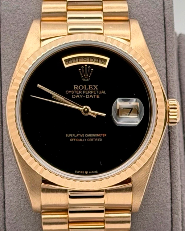 1981 Rolex Day-Date 36MM Aftermarket Onyx Dial Yellow Gold President Bracelet (18038)