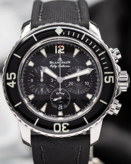 2021 Blancpain Fifty Fathoms Flyback "Bathyscaphe" 45MM Black Dial Textile Strap (5085F-1130-52)