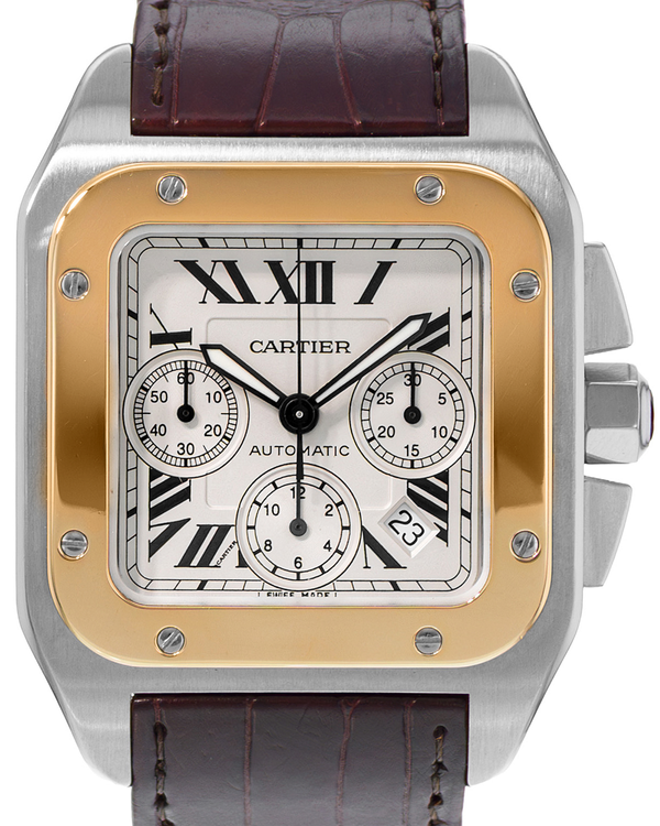 Cartier Santos 100 Chronograph 42MM White Dial Leather Strap (W20091X7)