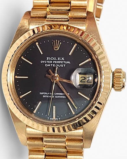 1981 Rolex Lady-Datejust 26MM Black Dial Yellow Gold President Bracelet (6917)