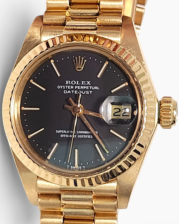 1981 Rolex Lady-Datejust 26MM Black Dial Yellow Gold President Bracelet (6917)